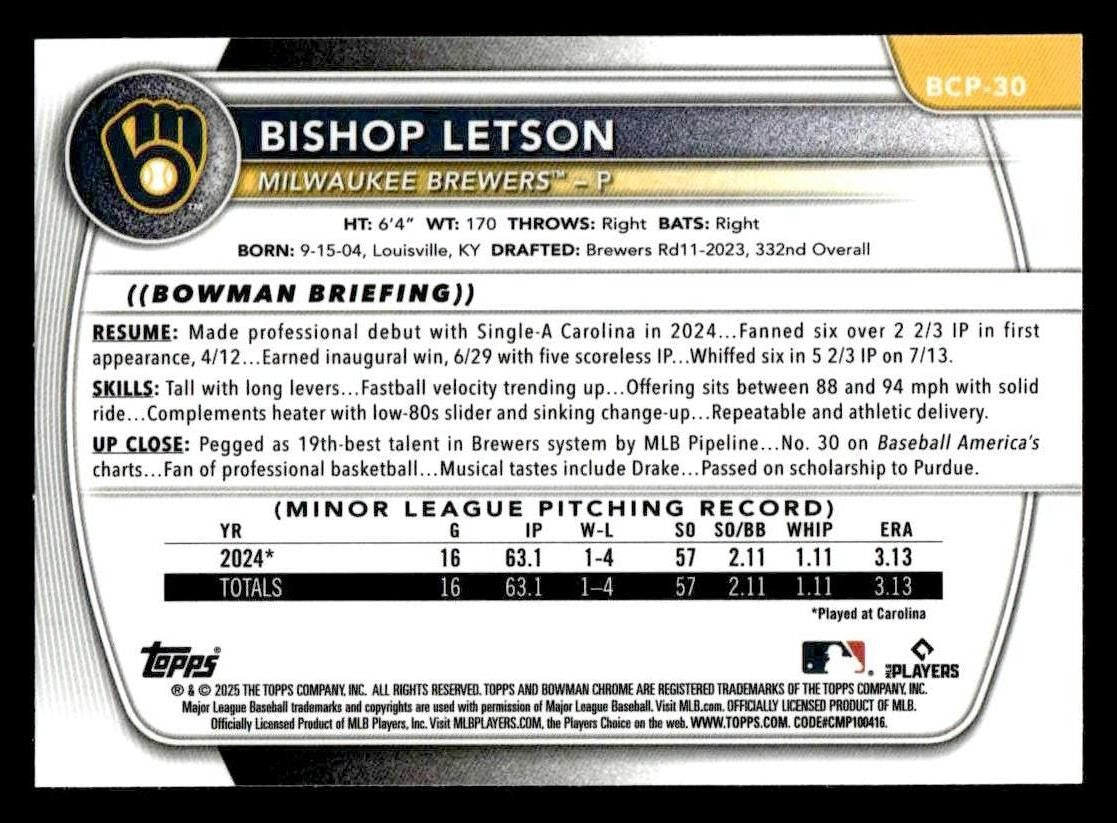 2025 Bowman #BCP-30 Bishop Letson Chrome Prospects