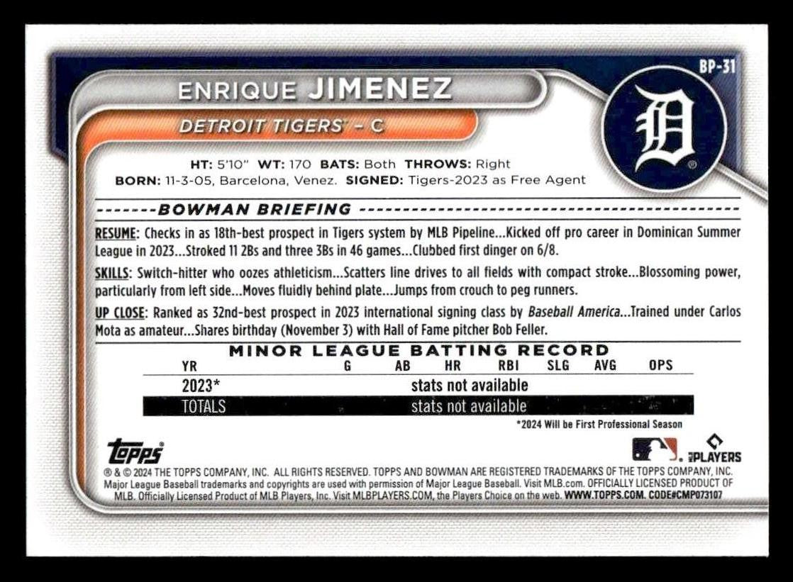 2024 Bowman #BP-31 Enrique Jimenez Prospects