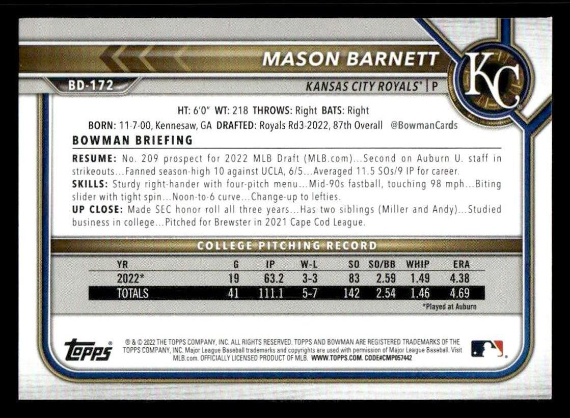 2022 Bowman Draft 1st Edition #BD-172 Mason Barnett