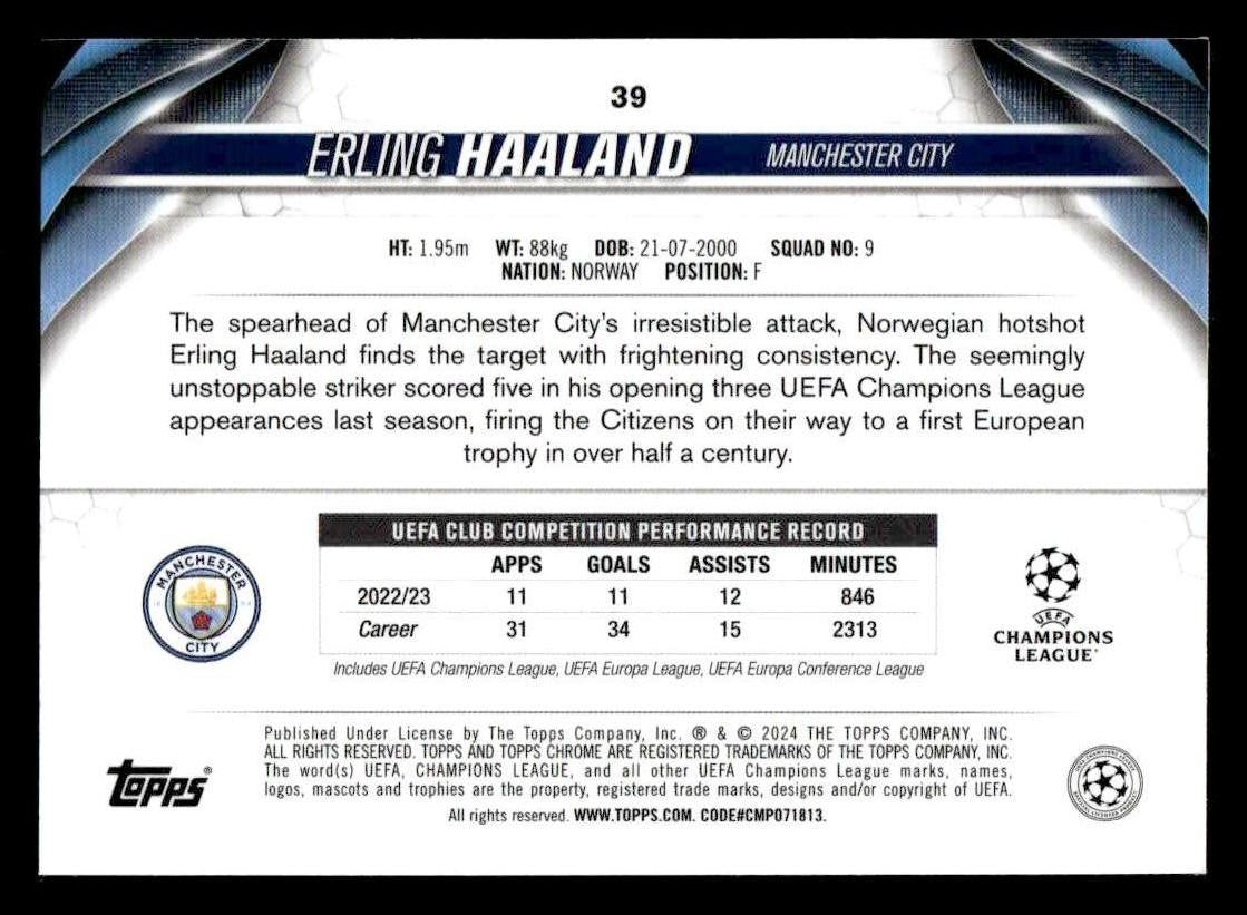 2023-24 Topps Chrome UEFA Club Competitions #39 Erling Haaland