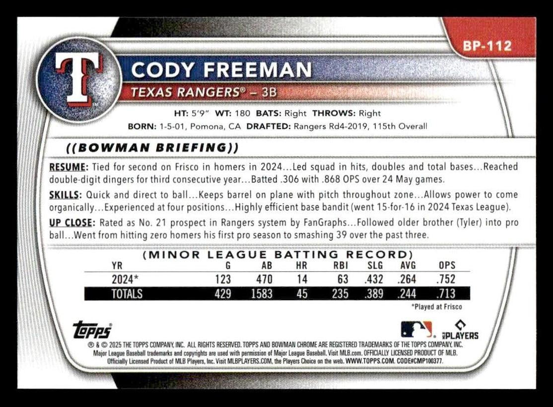2025 Bowman #BP-112 Cody Freeman Prospects