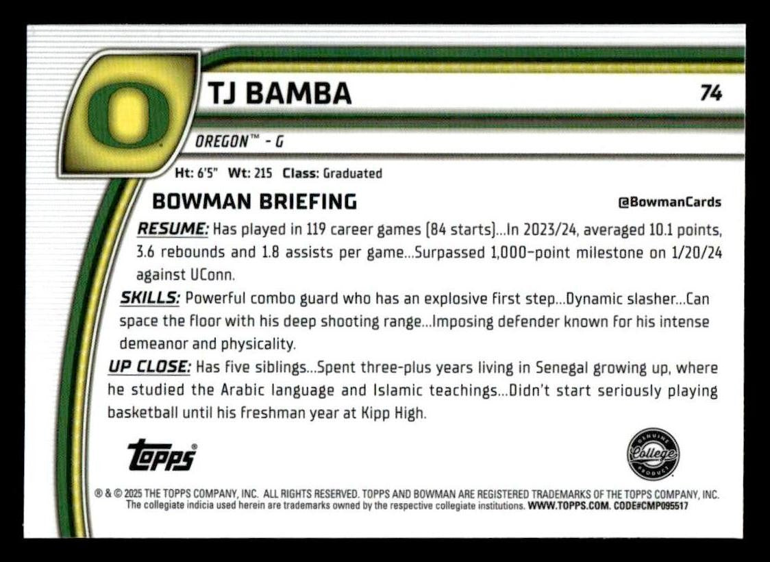 2024-25 Bowman University Chrome #74 TJ Bamba
