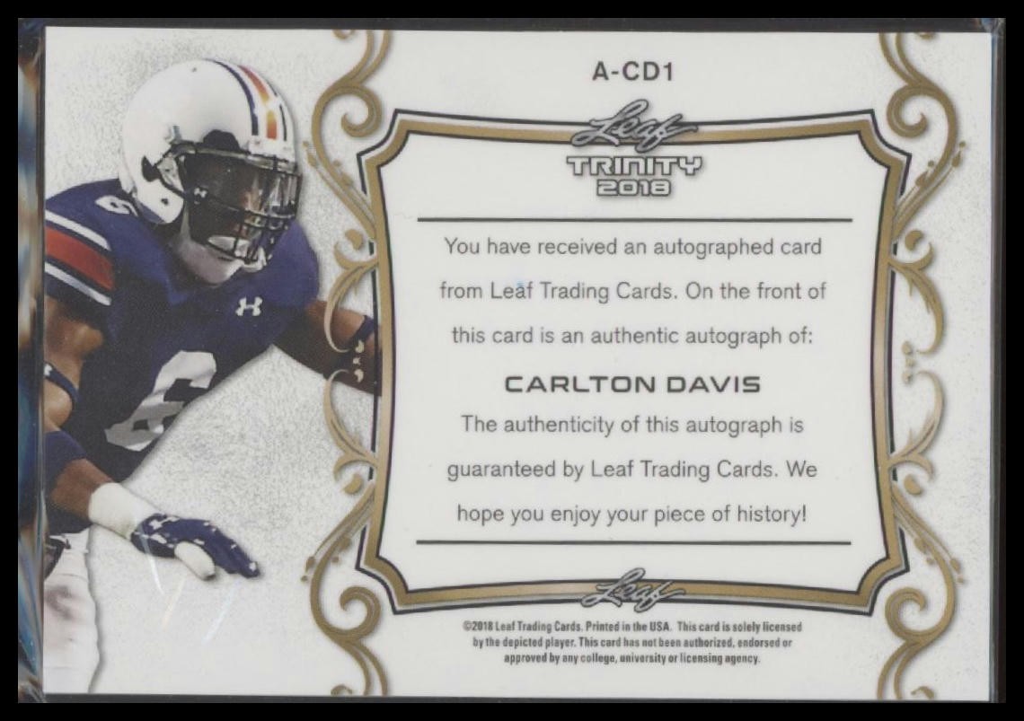 2018 Leaf Trinity #A-CD1 Carlton Davis Blue #/25