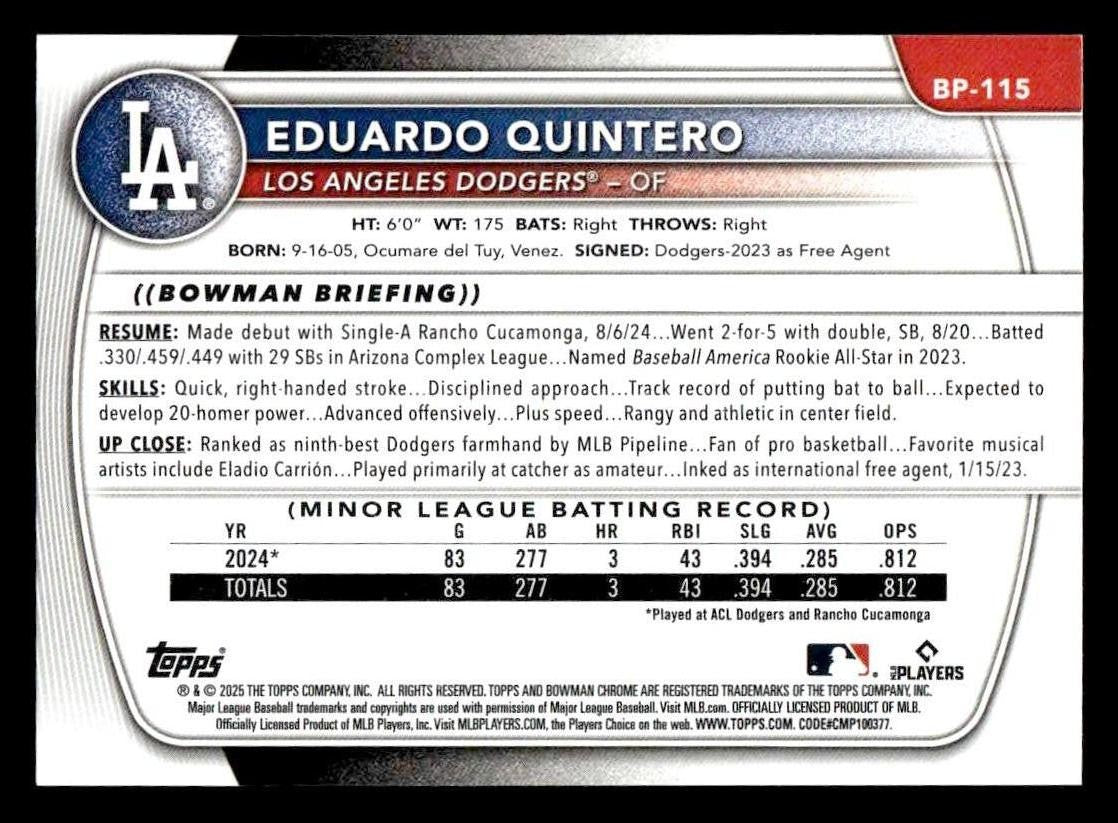 2025 Bowman #BP-115 Eduardo Quintero Prospects