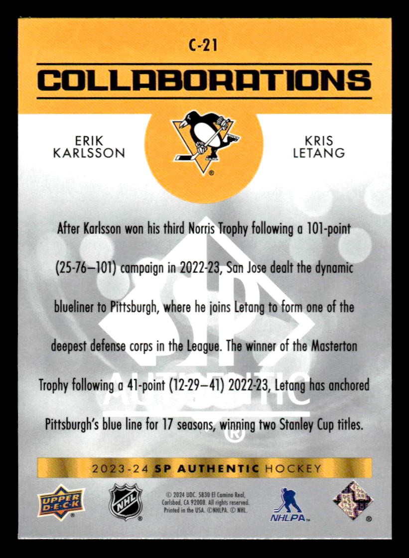 2023-24 SP Authentic #C-21 Erik Karlsson / Kris Letang Collaborations