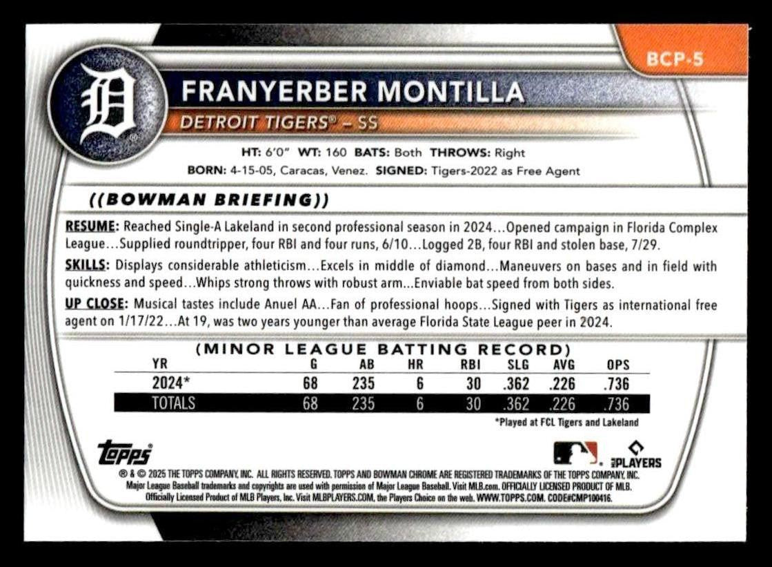 2025 Bowman #BCP-5 Franyerber Montilla Chrome Prospects