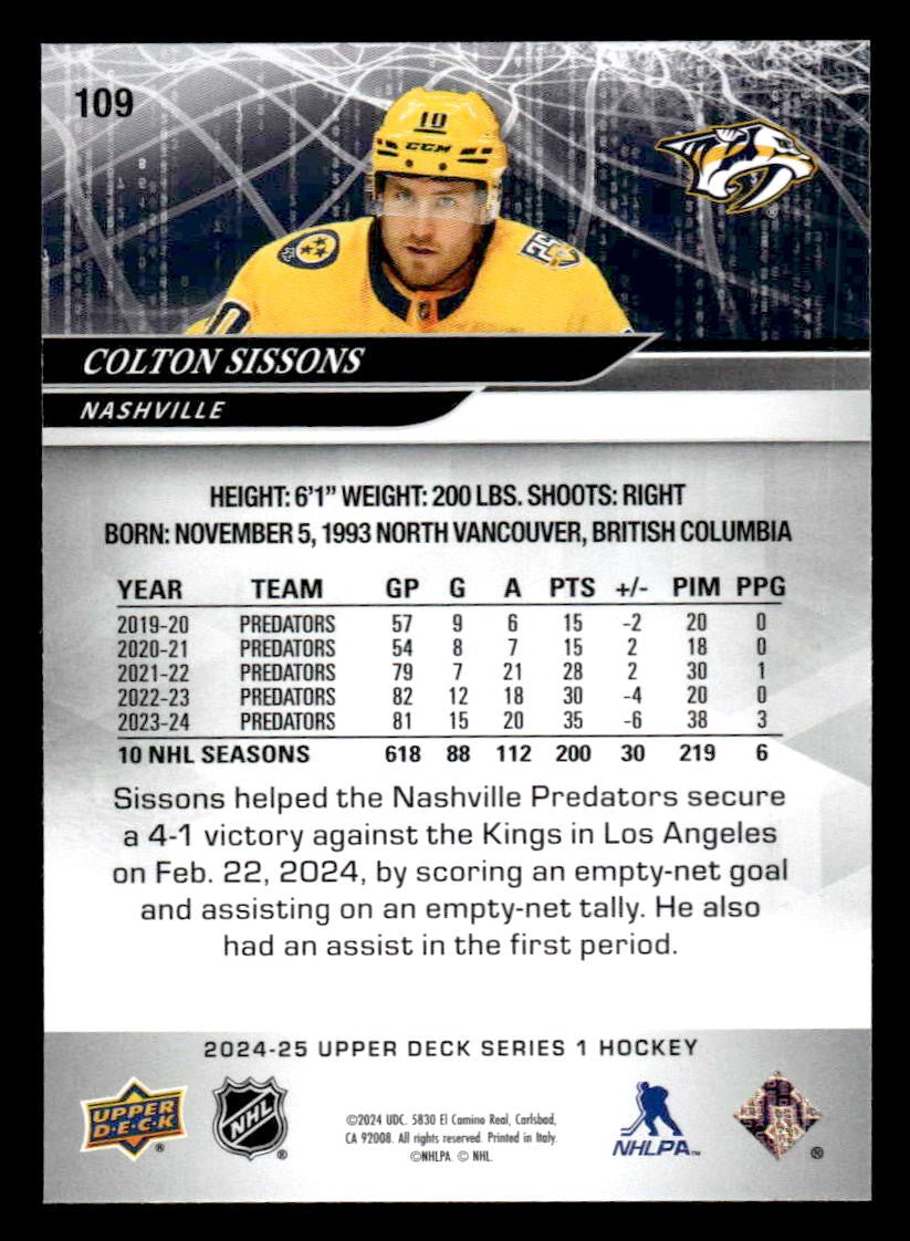 2024-25 Upper Deck #109 Colton Sissons