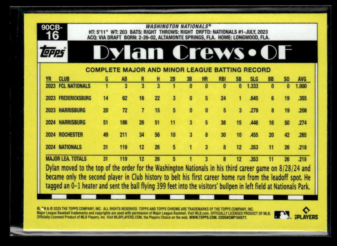 2025 Topps Chrome #90CB-16 Dylan Crews 1990 Topps Baseball 35th Anniversary