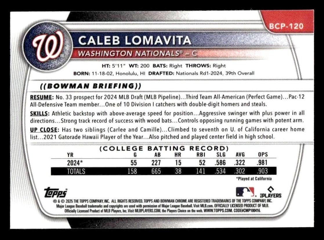 2025 Bowman #BCP-120 Caleb Lomavita Chrome Prospects