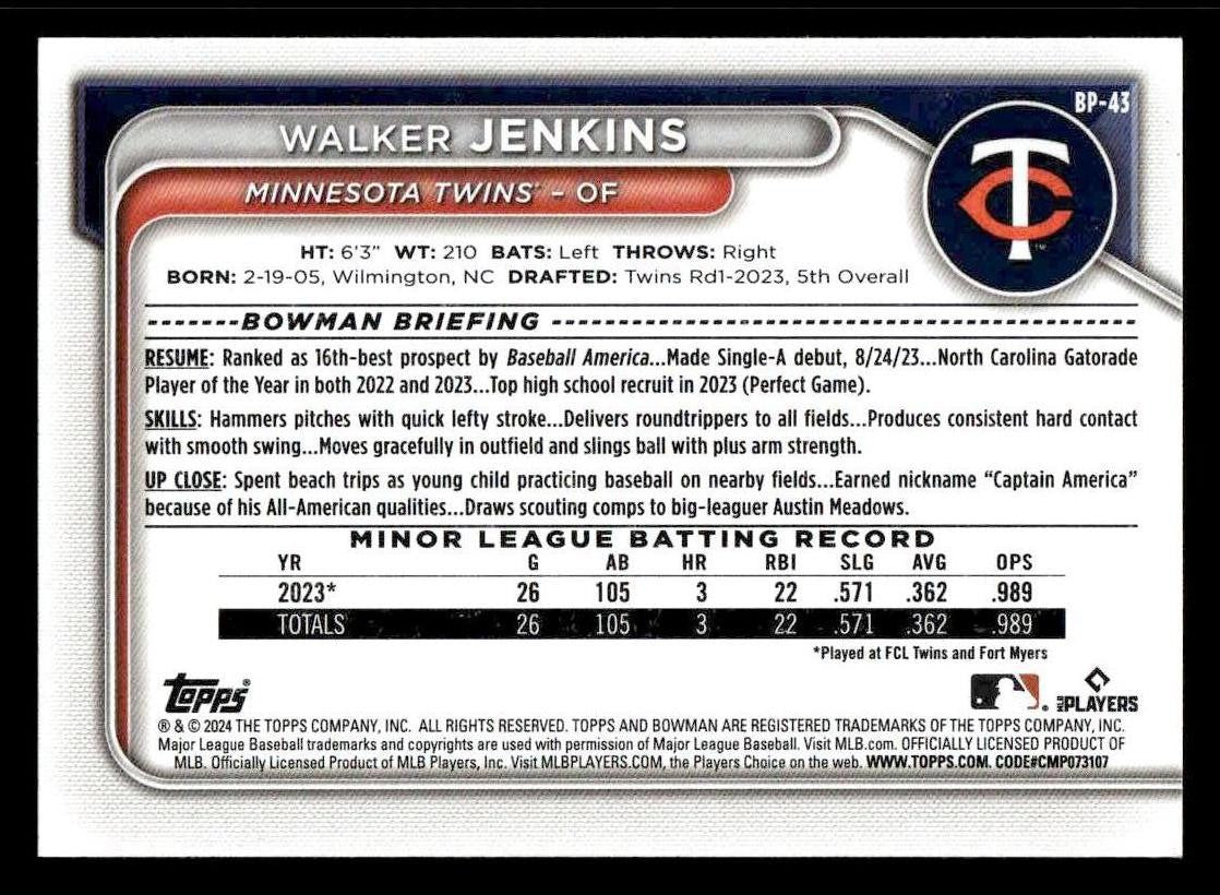2024 Bowman #BP-43 Walker Jenkins Prospects
