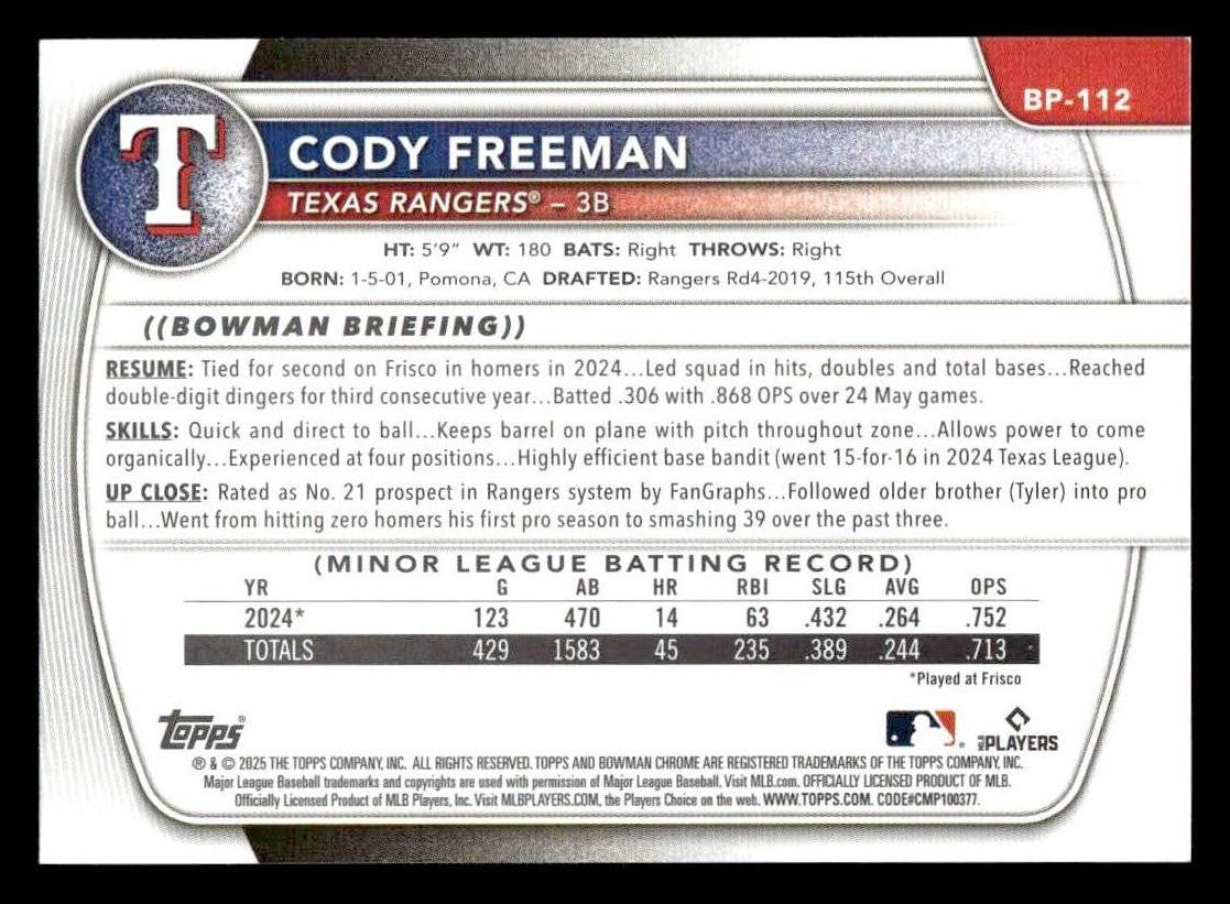 2025 Bowman #BP-112 Cody Freeman Prospects