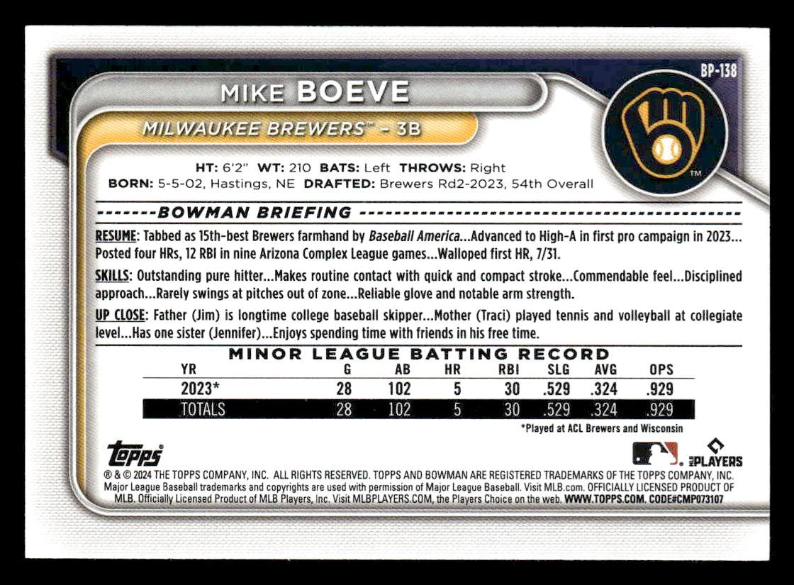 2024 Bowman #BP-138 Mike Boeve Prospects