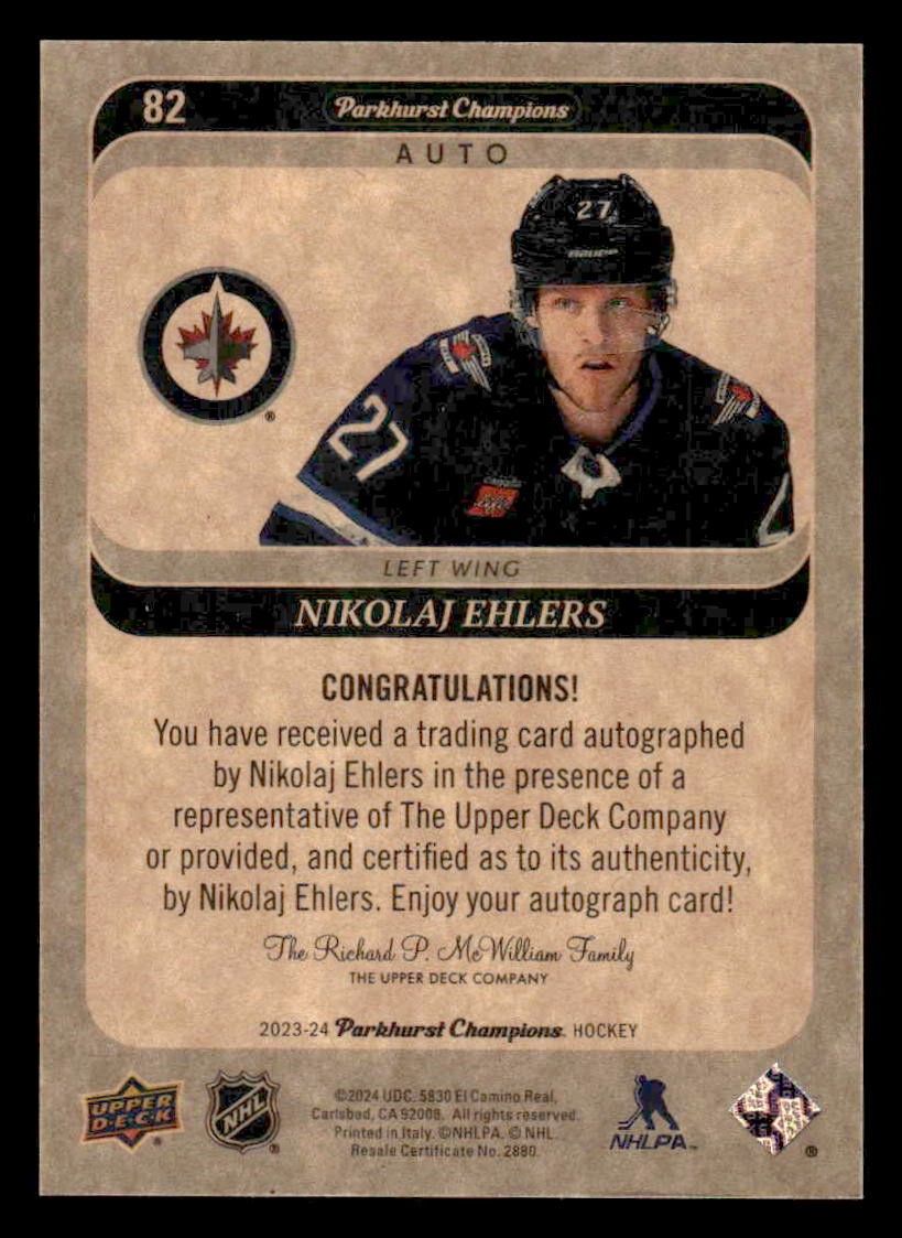 2024-25 Parkhurst Champions #82 Nikolaj Ehlers 2023-24 Update: Autographs