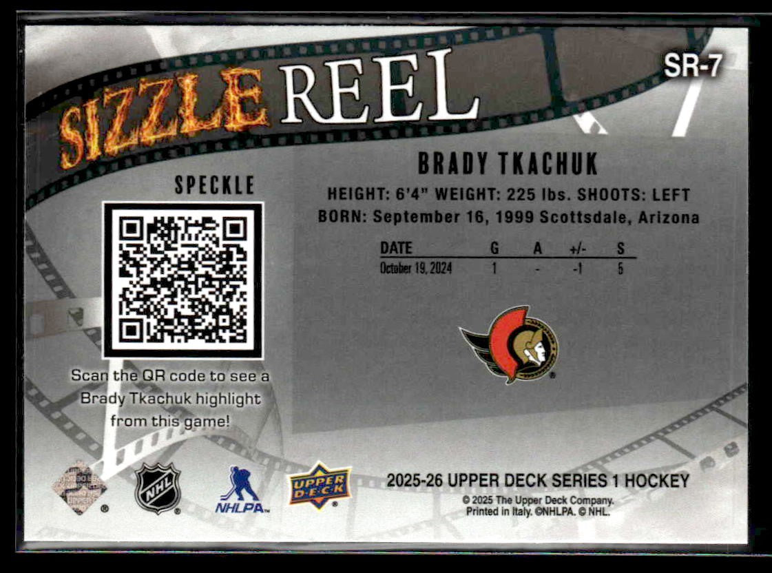 2025-26 Upper Deck #SR-7 Brady Tkachuk Sizzle Reel Speckle