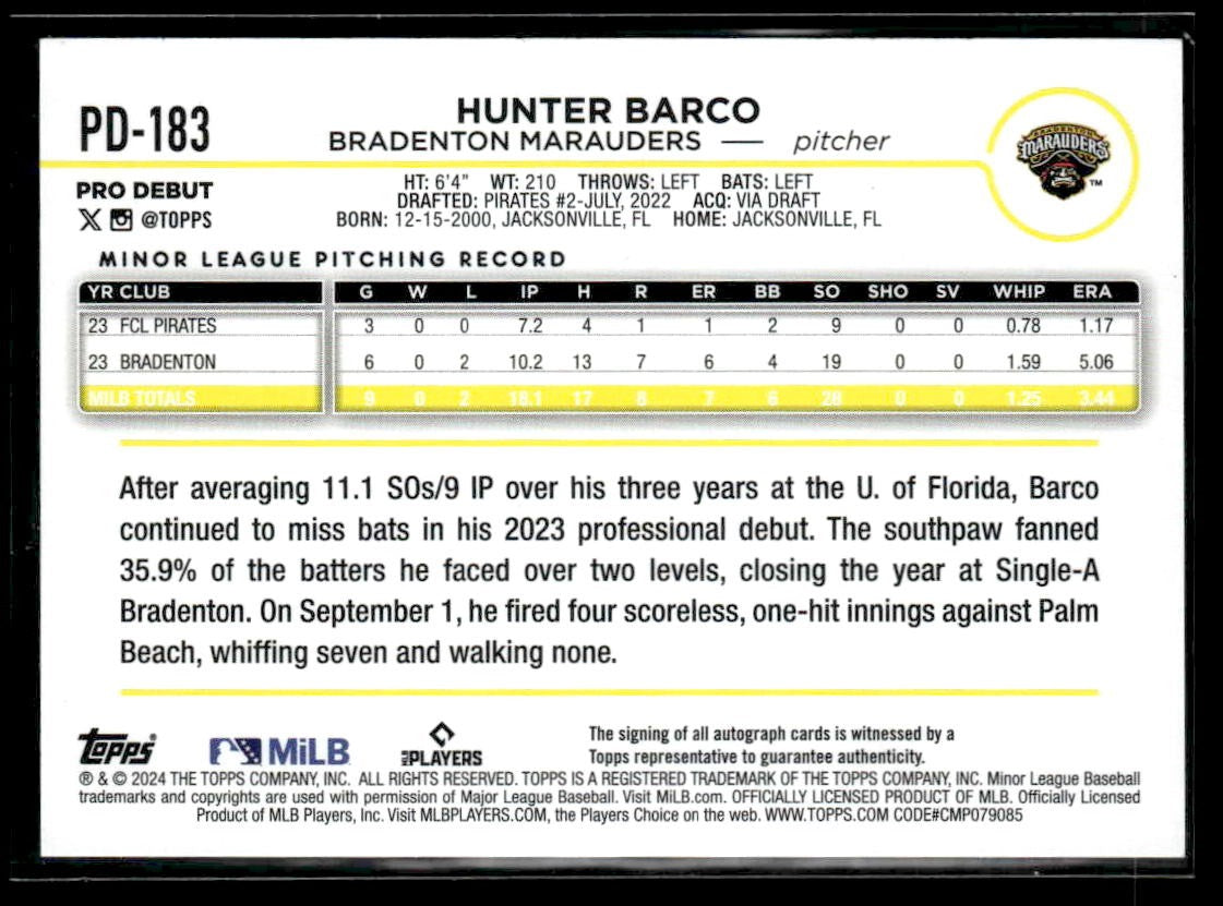 2024 Topps Pro Debut #PD-183 Hunter Barco Autographs