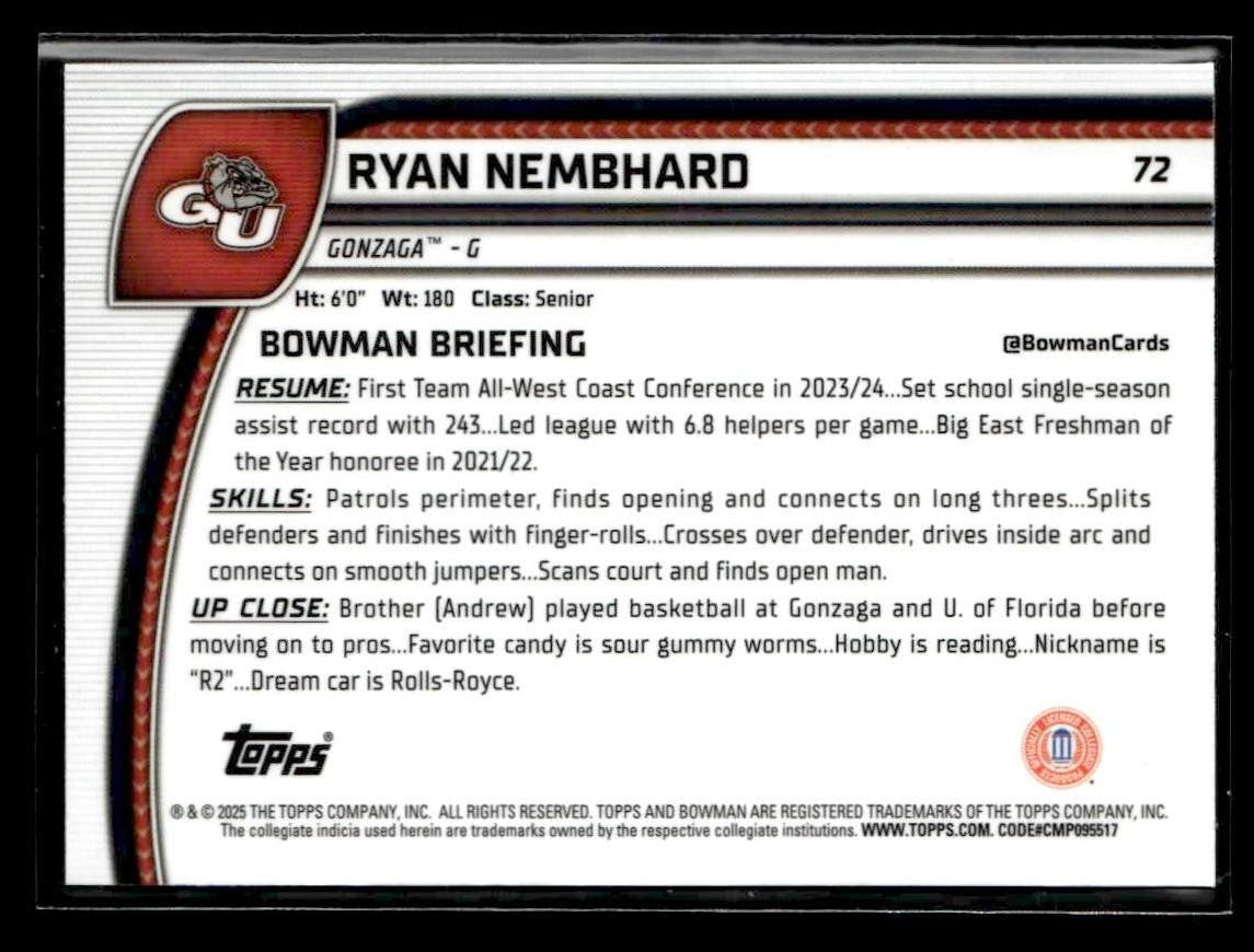 2024-25 Bowman Univ Chrome #72 Ryan Nembhard Blue Reptilian Refractor #/150
