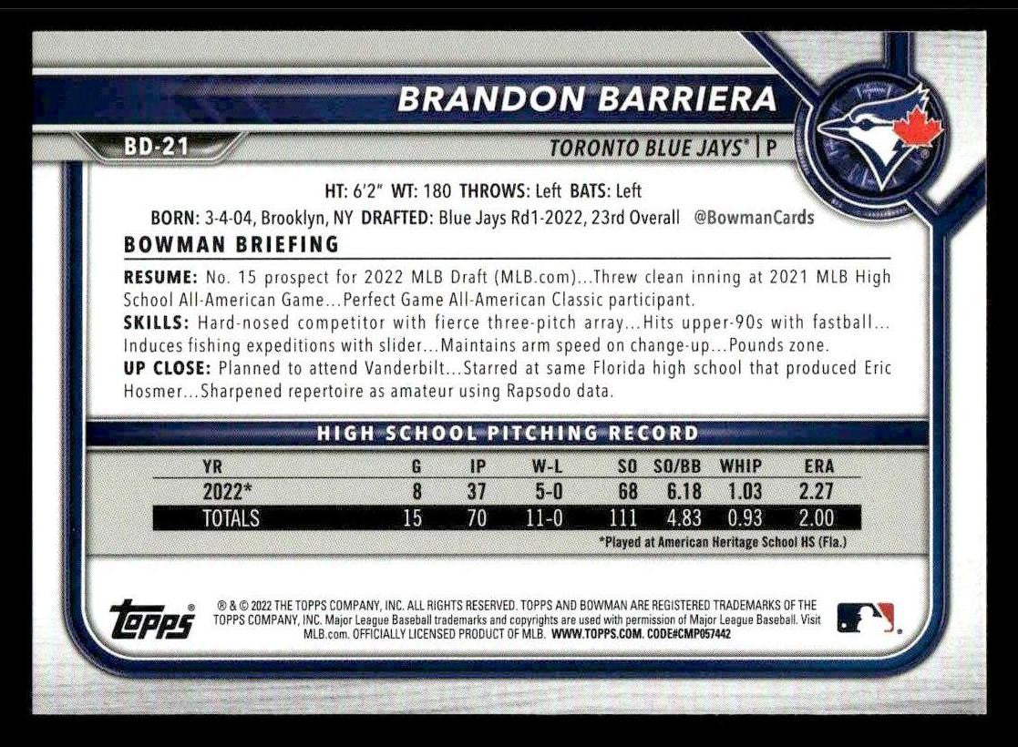 2022 Bowman Draft 1st Edition #BD-21 Brandon Barriera