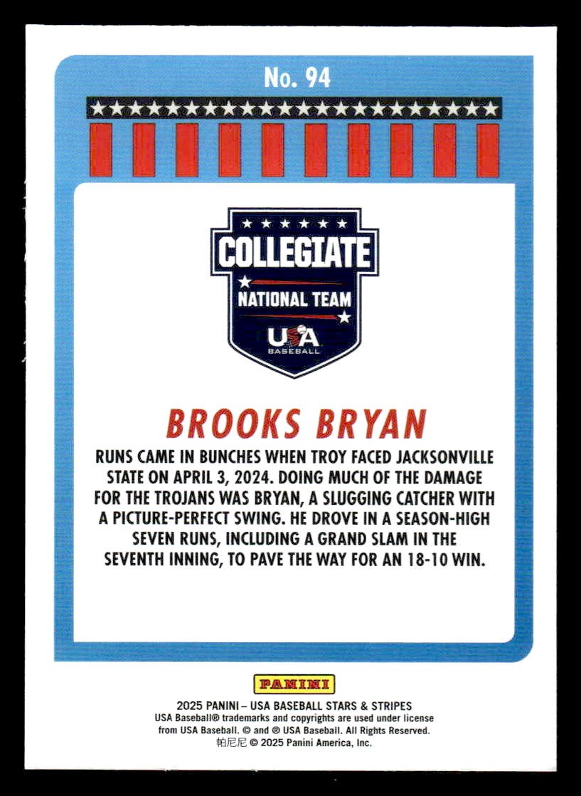 2025 Panini Stars and Stripes USA Baseball #94 Brooks Bryan Opening Day