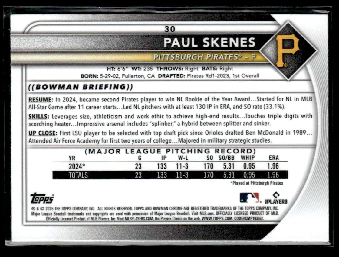2025 Bowman Chrome #30 Paul Skenes Mega Box Mojo Refractor
