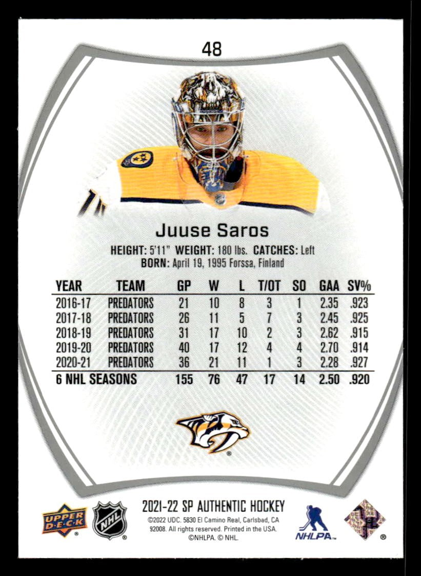 2021-22 SP Authentic #48 Juuse Saros