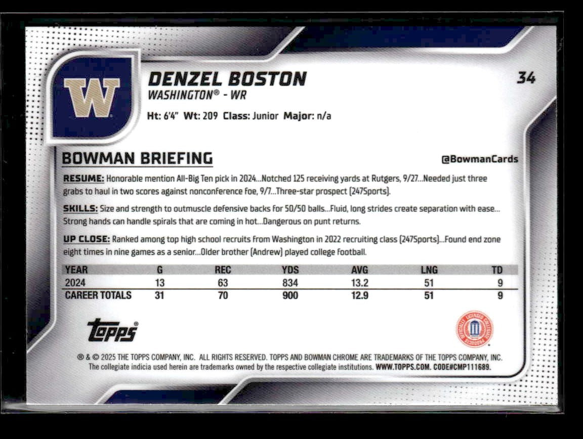 2025 Bowman University Chrome #34 Denzel Boston