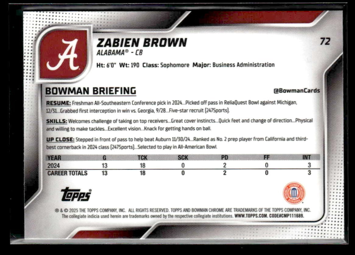 2025 Bowman University Chrome #72 Zabien Brown