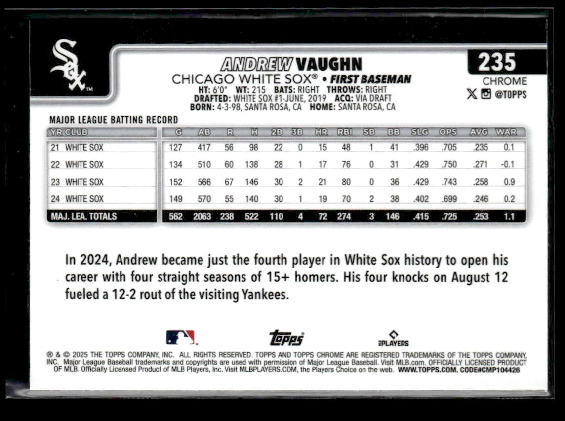 2025 Topps Chrome #235 Andrew Vaughn Prism Refractors