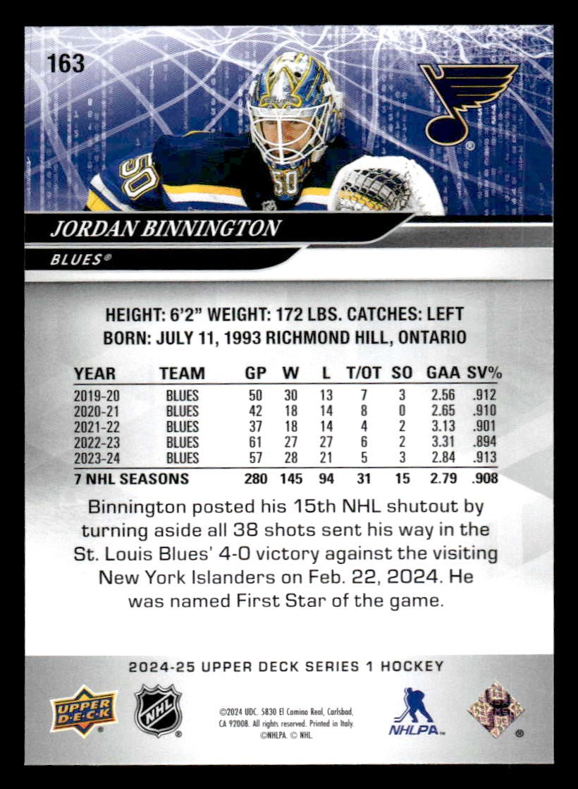 2024-25 Upper Deck #163 Jordan Binnington