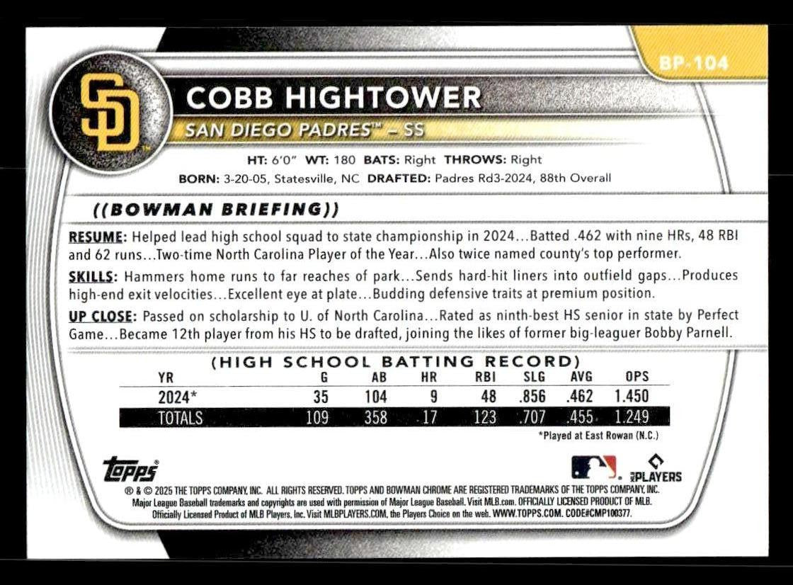 2025 Bowman #BP-104 Cobb Hightower Prospects