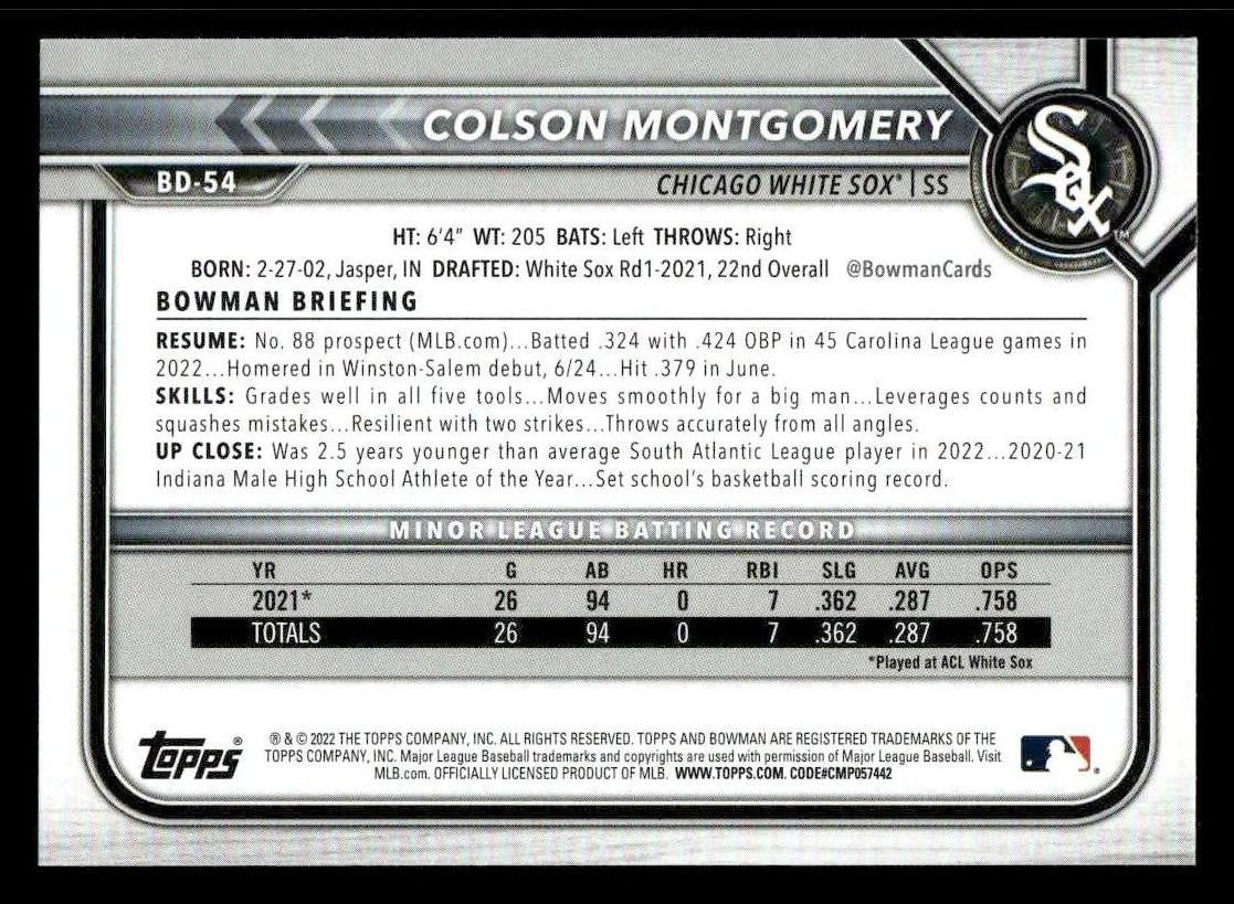 2022 Bowman Draft 1st Edition #BD-54 Colson Montgomery