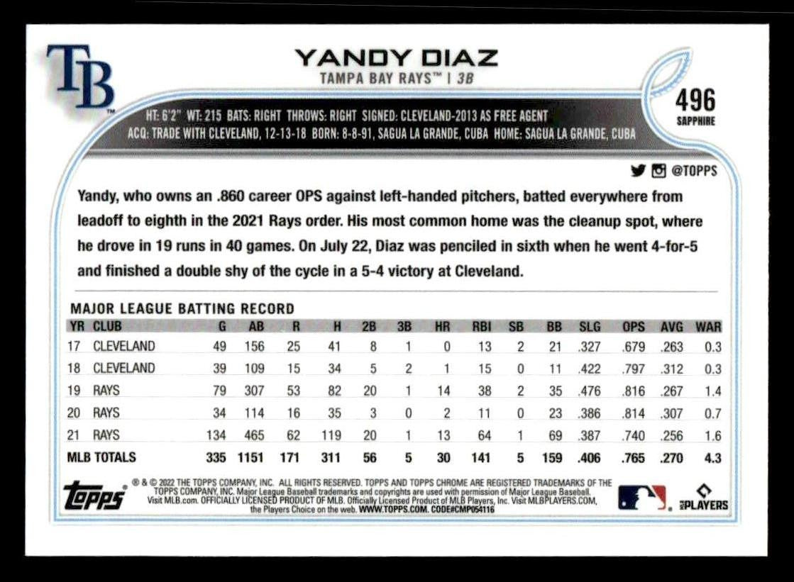 2022 Topps Chrome Sapphire Edition #496 Yandy Diaz