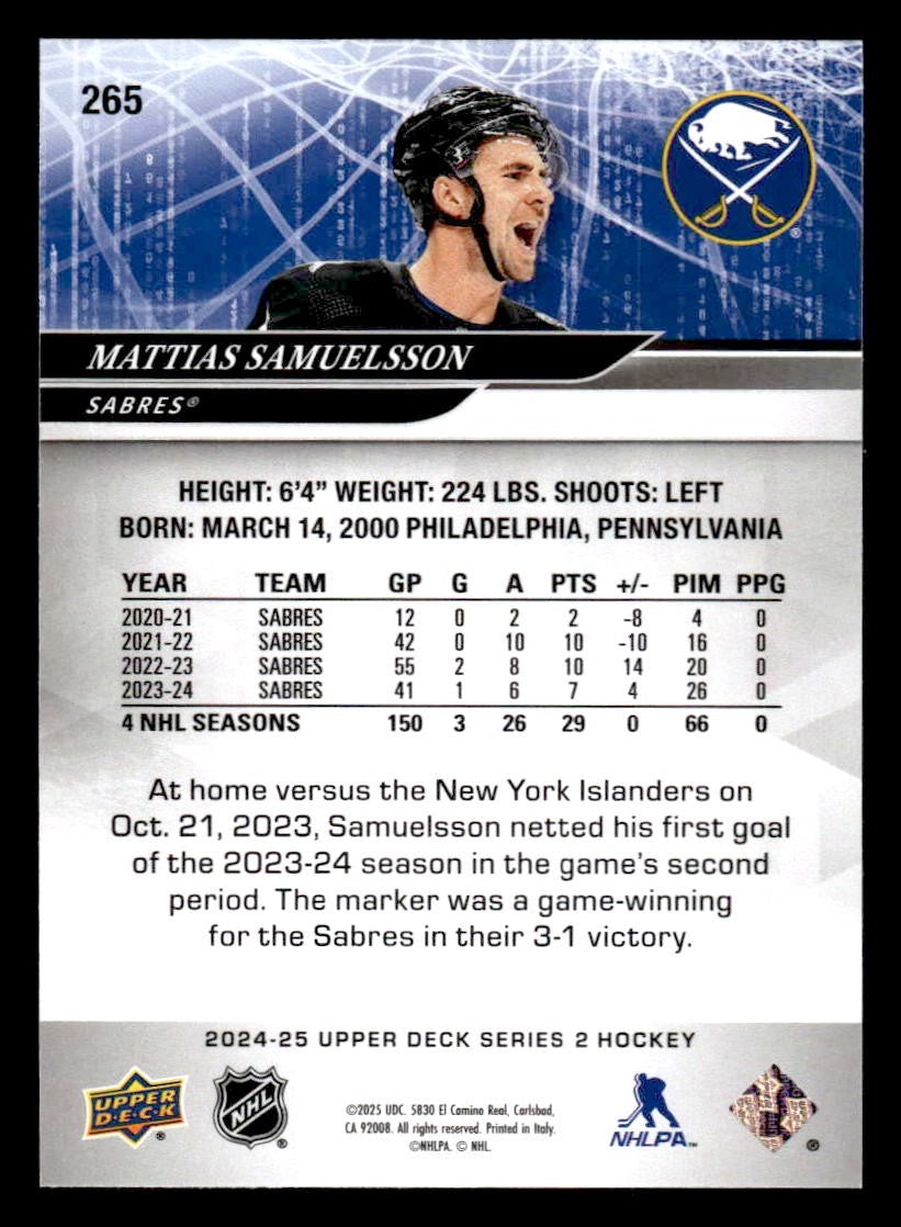 2024-25 Upper Deck #265 Mattias Samuelsson