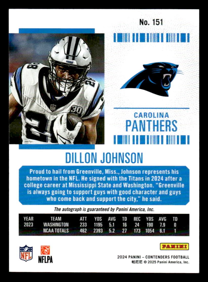 2024 Panini Contenders Football #151 Dillon Johnson Rookie Ticket Signatures