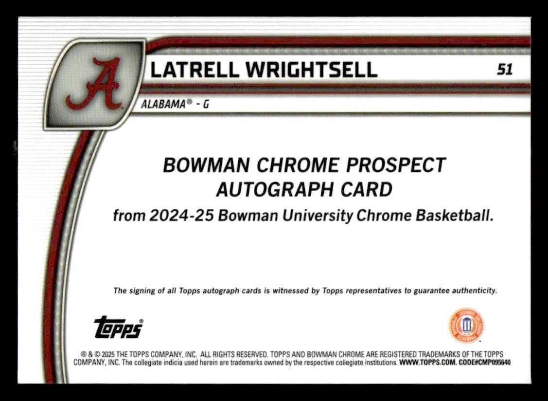 2024-25 Bowman University Chrome #51 Latrell Wrightsell Jr. Prospects Autographs