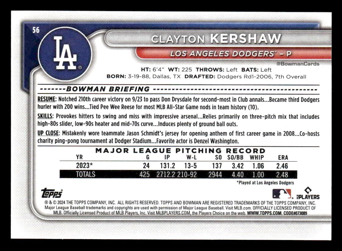 2024 Bowman #56 Clayton Kershaw