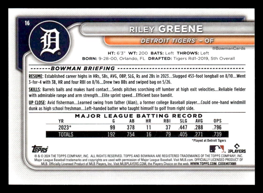 2024 Bowman #16 Riley Greene