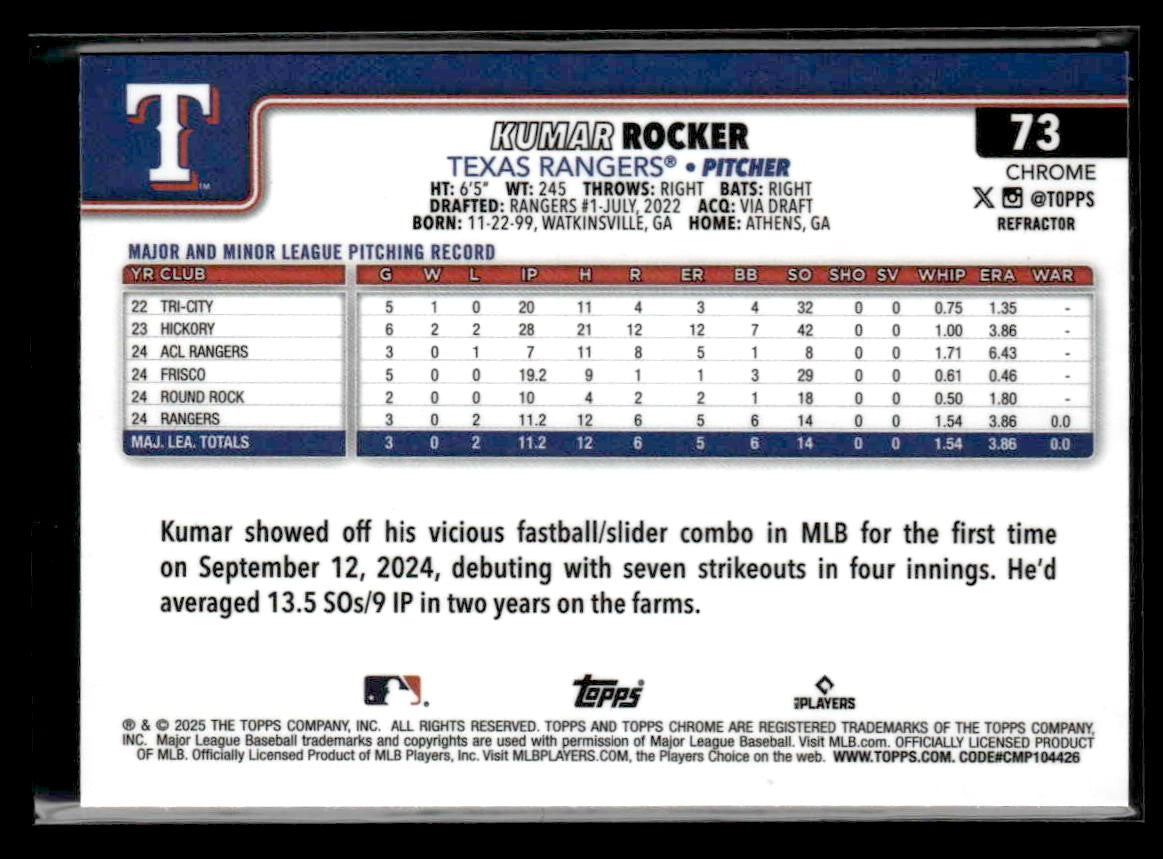 2025 Topps Chrome #73 Kumar Rocker Refractors