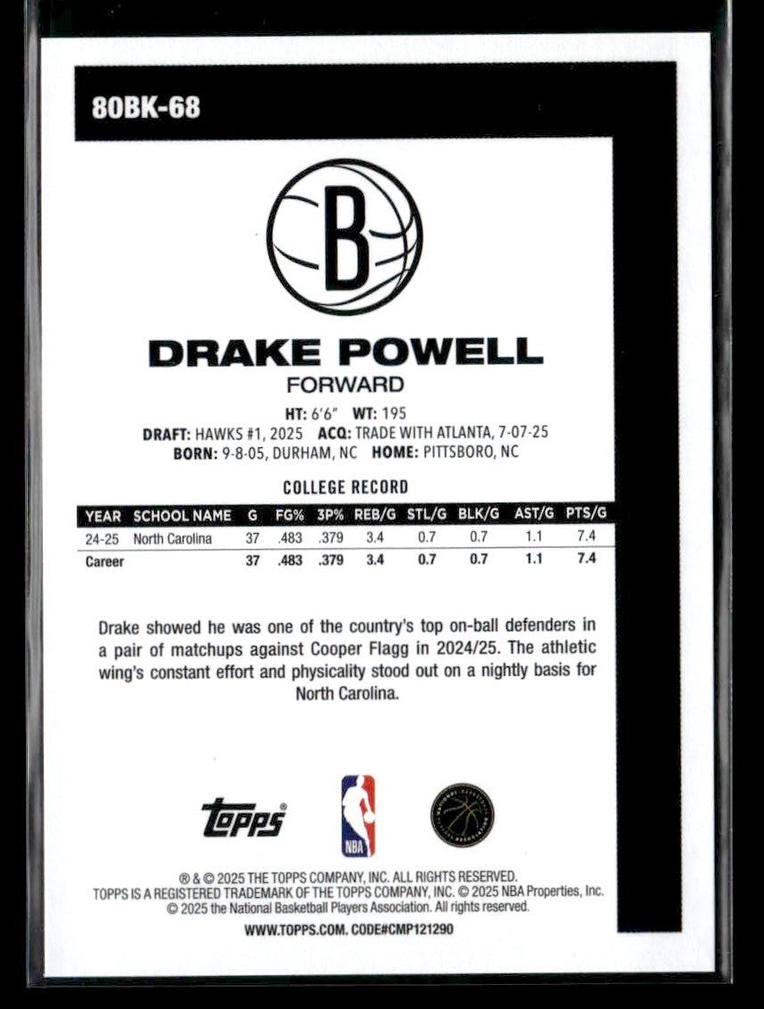 2025-26 Topps #80BK-68 Drake Powell 1980-81 Topps Basketball