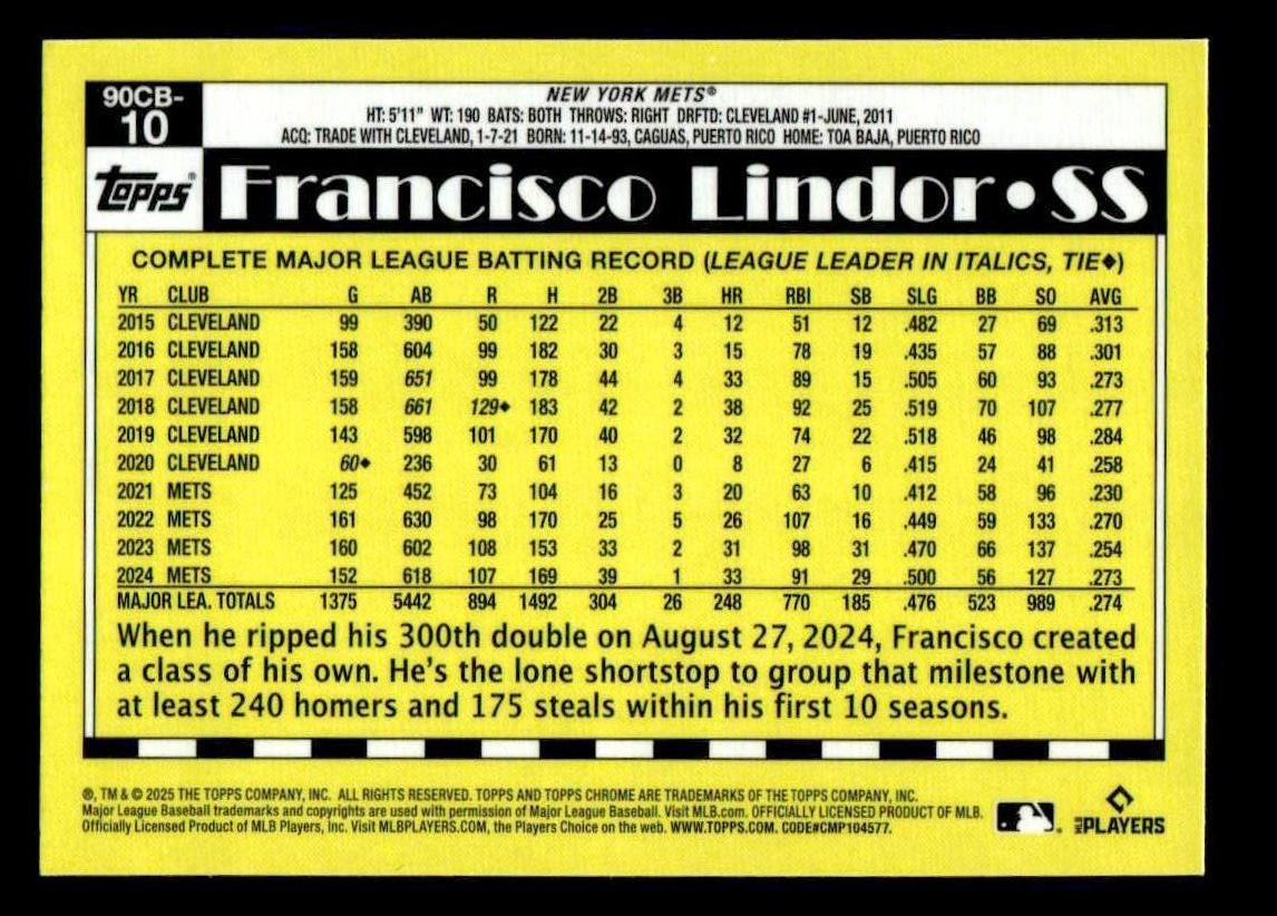 2025 Topps Chrome #90CB-10 Francisco Lindor 1990 Topps Baseball 35th Anniversary