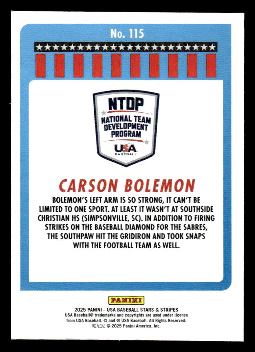 2025 Panini Stars and Stripes USA Baseball #115 Carson Bolemon