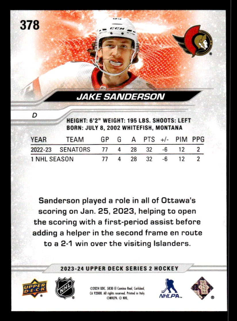 2023-24 Upper Deck #378 Jake Sanderson