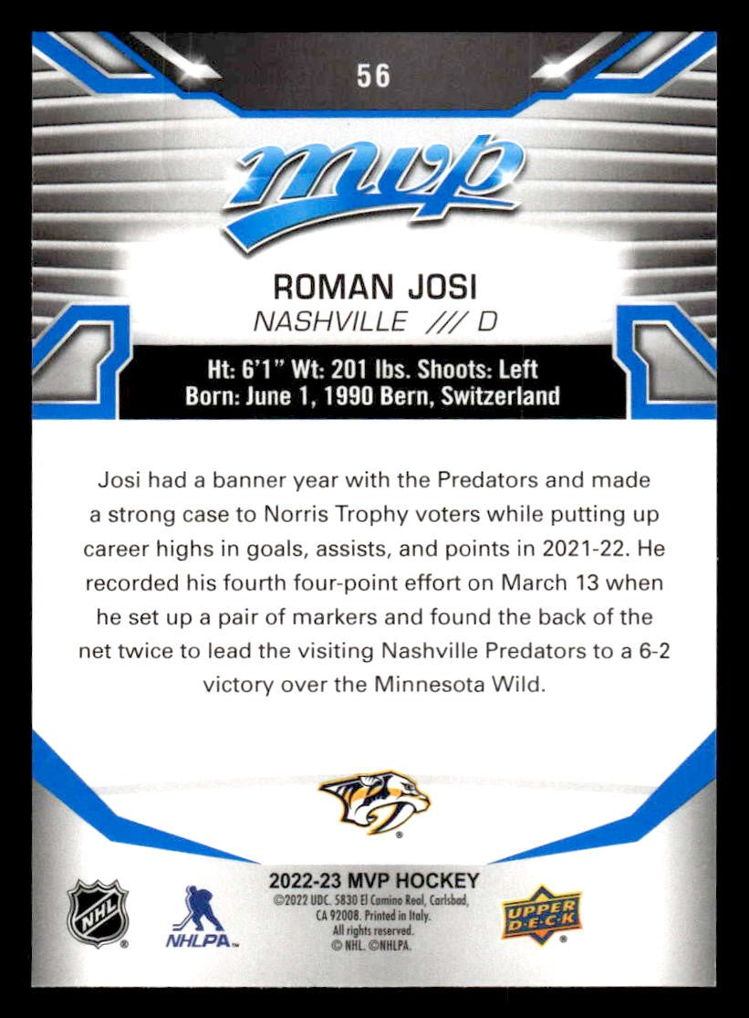 2022-23 Upper Deck MVP #56 Roman Josi Blue Script