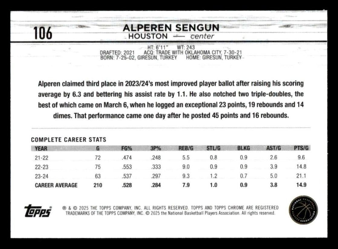 2024-25 Topps Chrome #106 Alperen Sengun