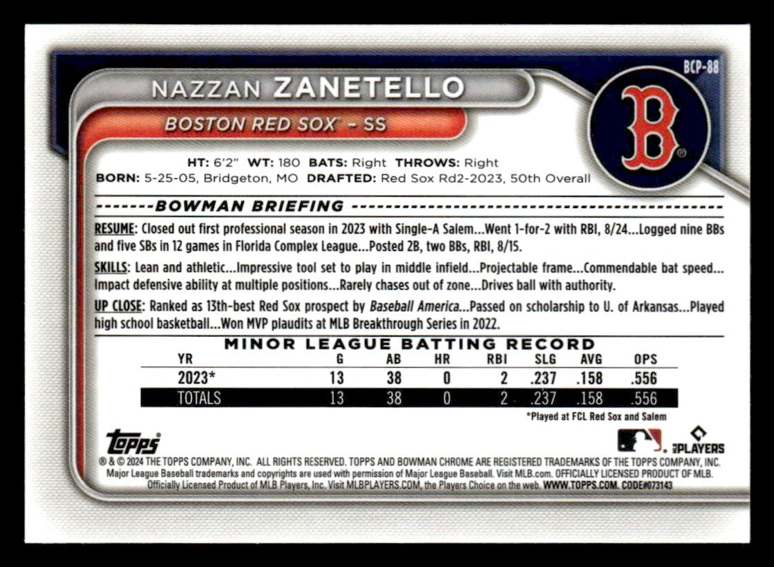 2024 Bowman #BCP-88 Nazzan Zanetello Chrome Prospects