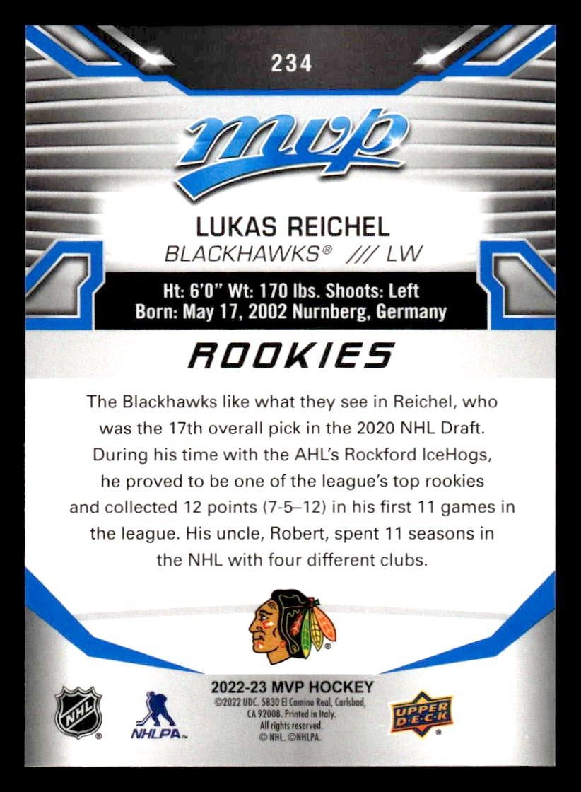 2022-23 Upper Deck MVP #234 Lukas Reichel Blue Script