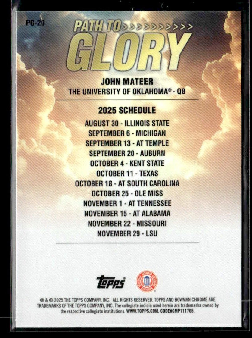 2025 Bowman University Chrome #PG-20 John Mateer Path to Glory