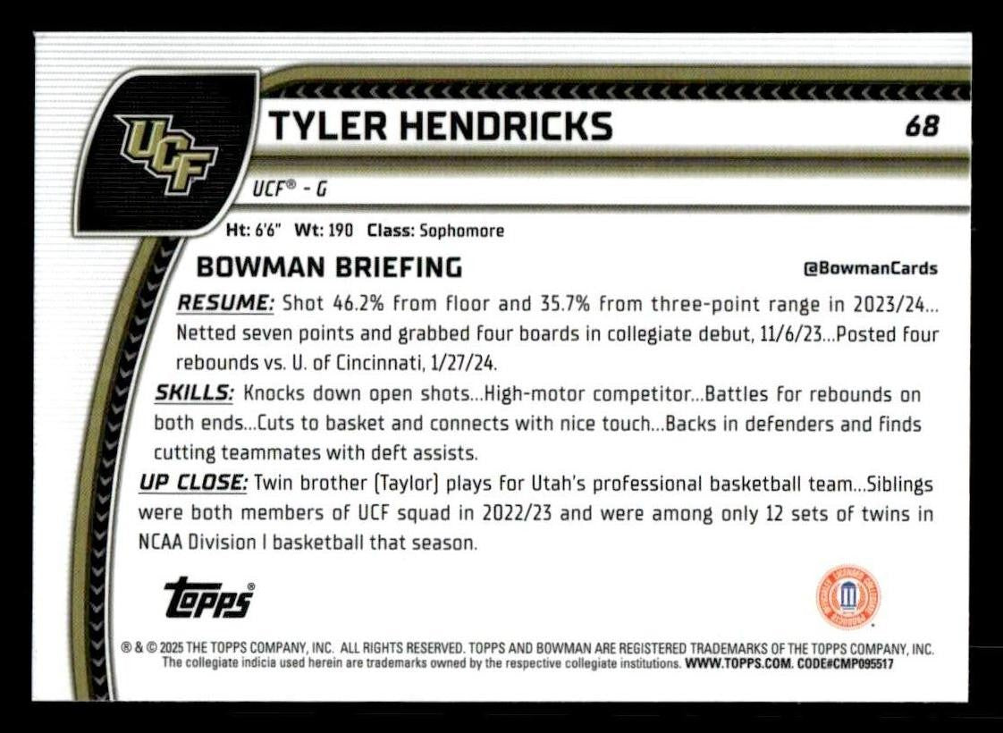 2024-25 Bowman University Chrome #68 Tyler Hendricks