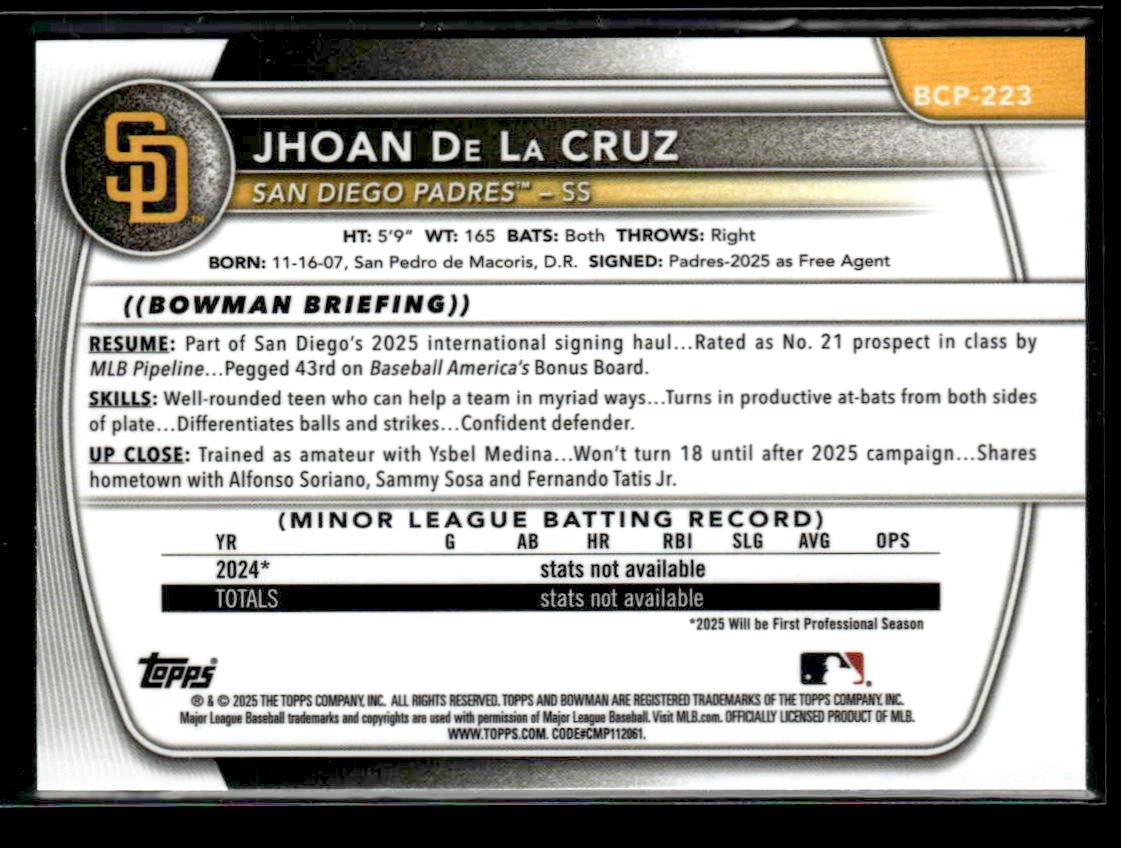 2025 Bowman Chrome #BCP-223 Jhoan De La Cruz