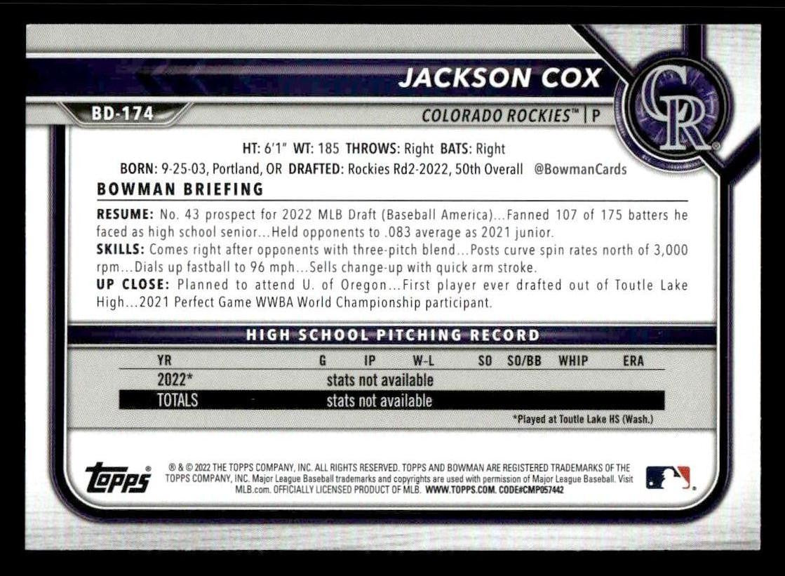 2022 Bowman Draft 1st Edition #BD-174 Jackson Cox