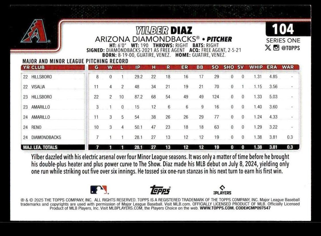 2025 Topps #104 Yilber Diaz